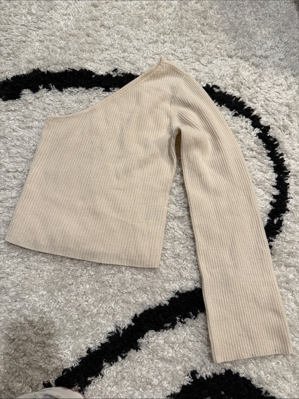 Reformation Cream One-Shoulder Ribbed Sweater cashmere